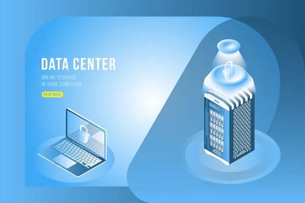 Data Center Concepto Isométrico Con Almacenamiento Archivos Línea Computadora Portátil — Vector de stock