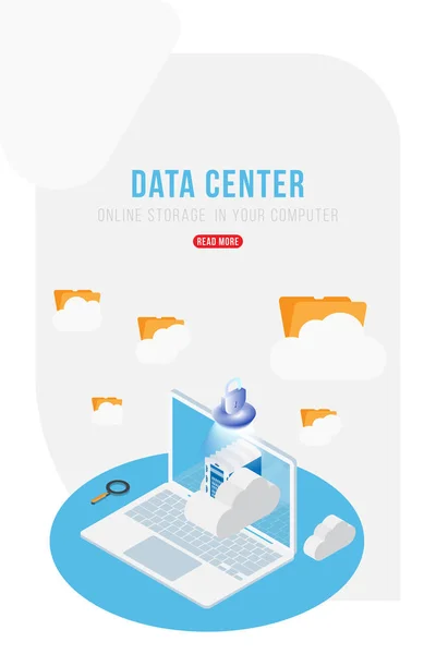 Data Center Concepto Isométrico Con Almacenamiento Archivos Línea Nubes Computadora — Vector de stock