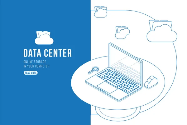 Esquema Dibujo Data Center Concepto Isométrico Con Almacenamiento Archivos Línea — Vector de stock