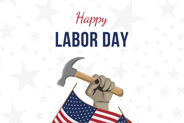 Happy Labor Day holiday banner. Man holds a working tool in his hand. Greeting card with United States national flag.. Flat vector illustration EPS10.