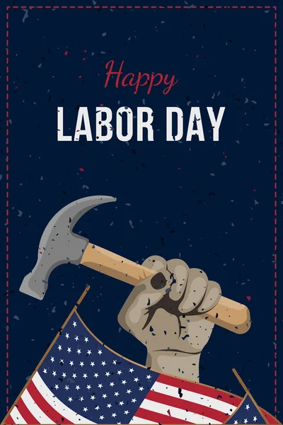 Happy Labor Day holiday banner. Man holds a working tool in his hand. Greeting card with United States national flag.. Flat vector illustration EPS10.