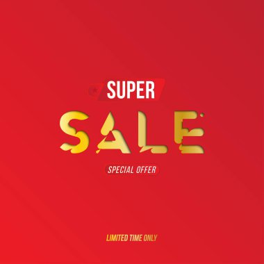 Afiş süper Satılık özel kampanya ile. Şablon tasarım reklam ve poster üzerinde kırmızı bir arka plan için. Düz vektör çizim Eps 10.