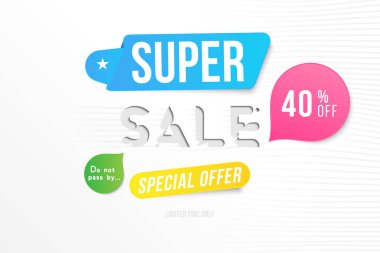 Süper Satılık 40 indirim kapalı. Banner şablon tasarım reklam ve renkler öğeleri beyaz arka plan üzerinde poster için. Düz vektör çizim Eps 10.