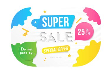 Süper Satılık 25 indirim kapalı. Banner şablon tasarım reklam ve renkler öğeleri beyaz arka plan üzerinde poster için. Düz vektör çizim Eps 10.