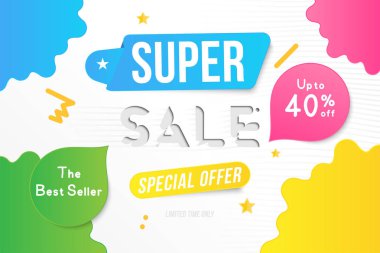 Satış banner şablon tasarımı dekoratif elemanları ile süper. Büyük satış 40 kadar özel. Market ve alışveriş için özel teklif. Düz vektör çizim Eps 10.