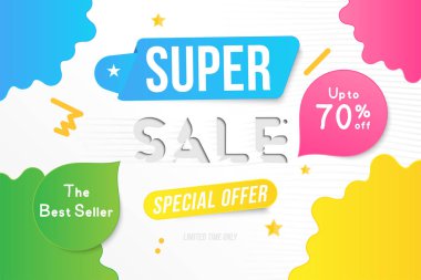 Satış banner şablon tasarımı dekoratif elemanları ile süper. Büyük satış 70 kadar özel. Market ve alışveriş için özel teklif. Düz vektör çizim Eps 10.