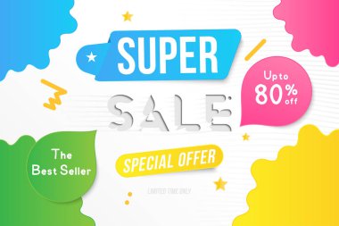 Satış banner şablon tasarımı dekoratif elemanları ile süper. Büyük satış 80 kadar özel. Market ve alışveriş için özel teklif. Düz vektör çizim Eps 10.