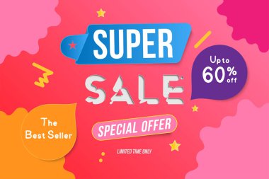Satılık renk banner şablon tasarımı dekoratif elemanları ile süper. Büyük satış 60 kadar özel. Market ve alışveriş için özel teklif. Düz vektör çizim Eps 10.