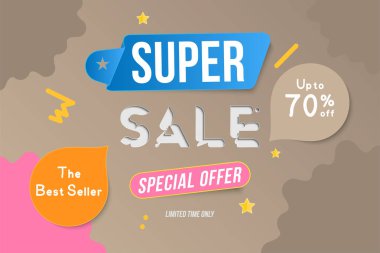 Satılık renk banner şablon tasarımı dekoratif elemanları ile süper. Büyük satış 70 kadar özel. Market ve alışveriş için özel teklif. Düz vektör çizim Eps 10.