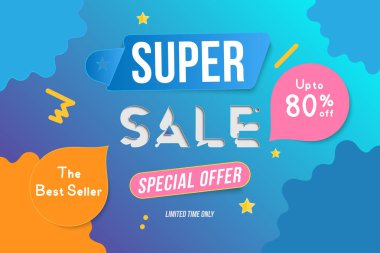 Satılık renk banner şablon tasarımı dekoratif elemanları ile süper. Büyük satış 80 kadar özel. Market ve alışveriş için özel teklif. Düz vektör çizim Eps 10.