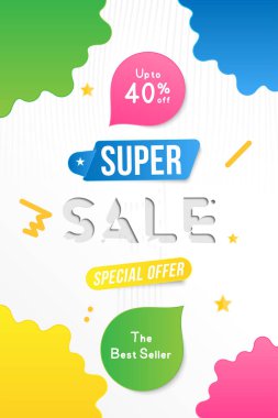 Satılık dikey banner şablon tasarımı dekoratif elemanları ile süper. Büyük satış 40 kadar özel. Market ve alışveriş için özel teklif. Düz vektör çizim Eps 10.