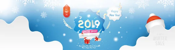 Winter Sale Happy New Year 2019 Long Greeting Card Template — Stock Vector