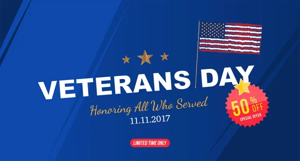 Veterans Day. Greeting card with USA flag on background. National American holiday event with mega sale with sticker 50 off. Flat vector illustration EPS10.