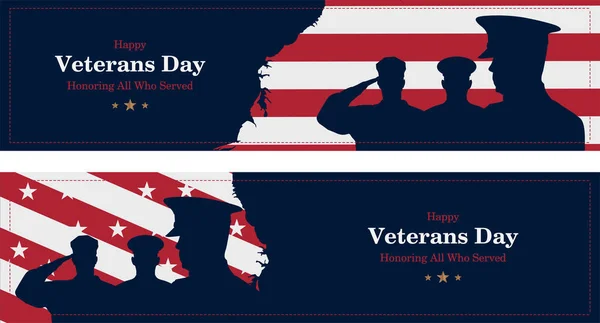 Happy Veterans Day. Greeting card with USA flag, map and soldiers on background. National American holiday event. Flat vector illustration EPS10.
