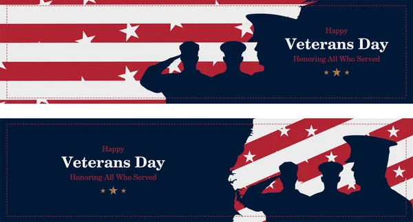 Happy Veterans Day. Greeting card with USA flag, map and soldiers on background. National American holiday event. Flat vector illustration EPS10.