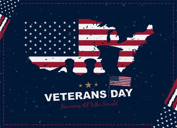 Happy Veterans Day. Greeting card with USA flag, map and soldiers on background with texture. National American holiday event. Flat vector illustration EPS10.