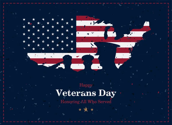 Happy Veterans Day. Greeting card with USA flag, map and soldiers on background with texture. National American holiday event. Flat vector illustration EPS10.