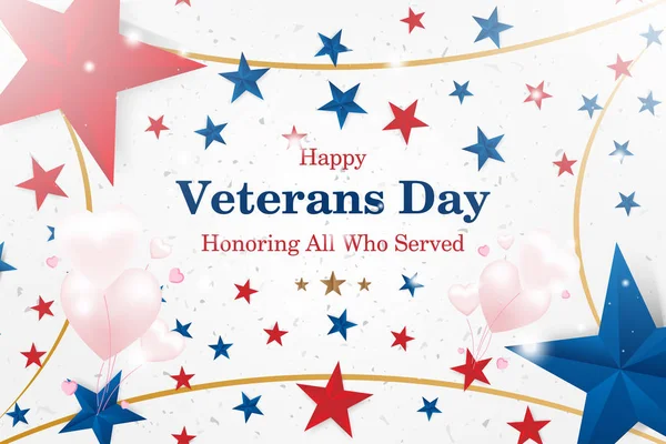 Veterans Day. Greeting card with font inscription on a starry background and balloons in the form of hearts. National American holiday event. Flat vector illustration EPS10.