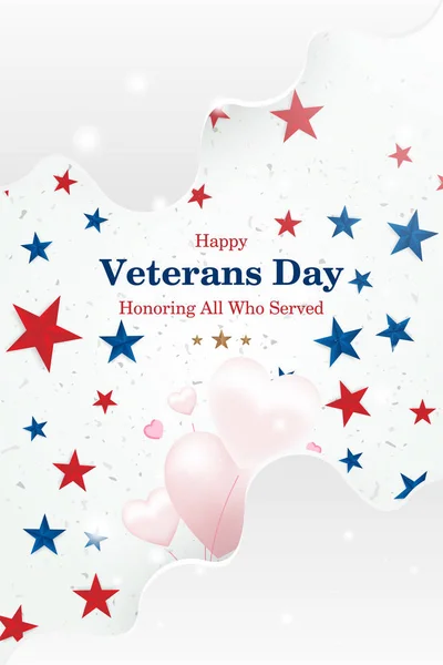 Veterans Day. Greeting card with font inscription on a starry background and balloons in the form of hearts. National American holiday event. Flat vector illustration EPS10.