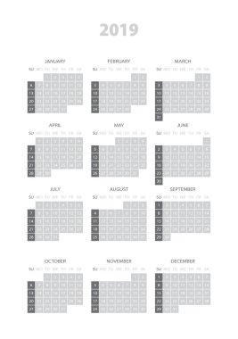 Basit Takvim 2019 yıl. Hafta Pazar başlar. Düz vektör çizim Eps10.