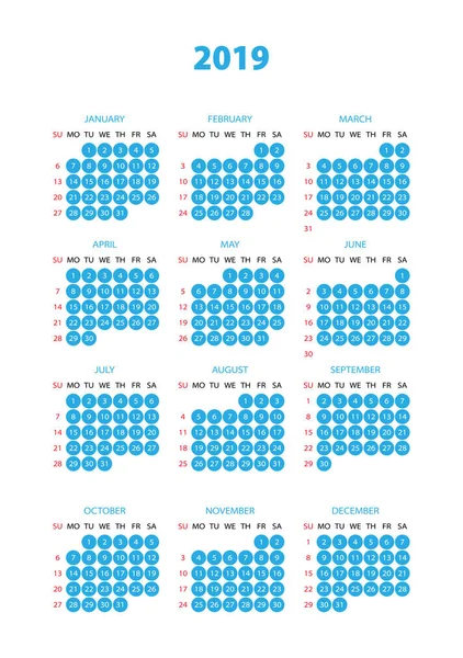 Einfacher Kalender Mit Blauer Farbe Für Das Jahr 2019 Die — Stockvektor