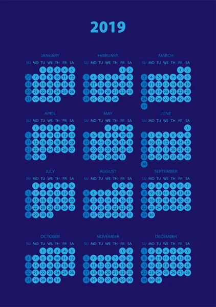 Einfacher Kalender Mit Blauer Farbe Für Das Jahr 2019 Die — Stockvektor