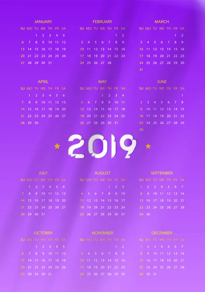 Simple Calendar 2019 Year Week Starts Sunday Flat Vector Illustration — Stock Vector