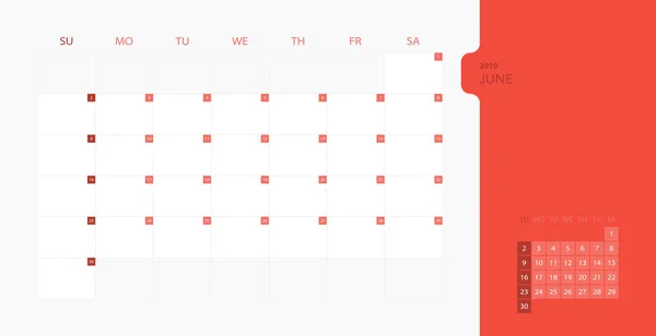 Kalender Ontwerpsjabloon Voor 2019 Eenvoudige Planner Voor Juni Maand Week — Stockvector