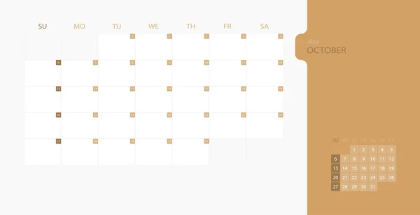 Kalender Ontwerpsjabloon Voor 2019 Eenvoudige Planner Voor Oktober Maand Week — Stockvector