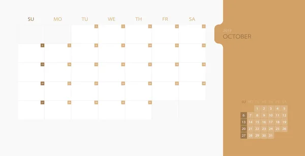 Calendrier Modèle Conception Pour 2019 Planificateur Simple Pour Mois Octobre — Image vectorielle