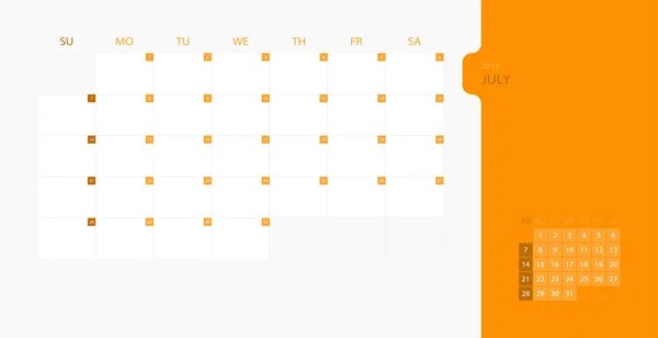 Szablon Projektu Kalendarza 2019 Proste Planner Dla Miesiąca Lipca Tydzień — Wektor stockowy
