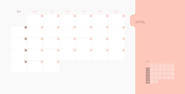 Kalender Ontwerpsjabloon Voor 2019 Eenvoudige Planner Voor April Maand Week — Stockvector