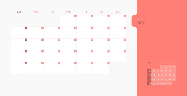 Szablon Projektu Kalendarza 2019 Proste Planner Dla Miesiąca Maja Tydzień — Wektor stockowy