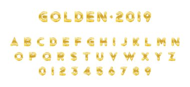 Orijinal altın parlayan yazı tipi. Altın Alfabe harf ve sayılar için tatil tasarım. Düz resimde Eps10.