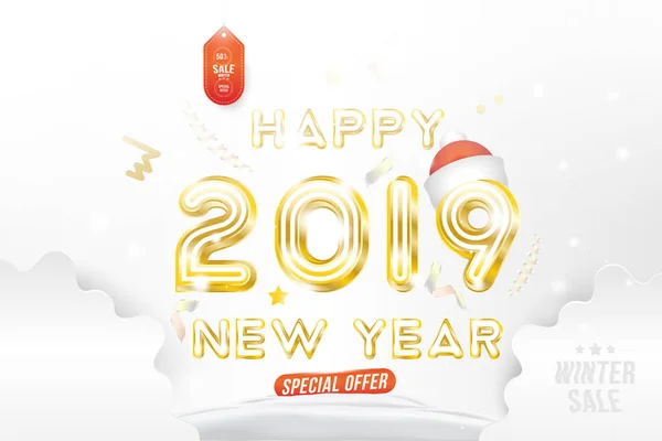 Продается Баннер Happy New Year 2019 Original Gold Shining Font — стоковый вектор