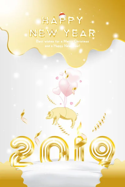 Satış Banner mutlu yeni yıl 2019 orijinal altın yazı tipi ve super shining ile teklif 25 Kartpostal arka plan şeritler üzerinde kalp şeklinde balonlar ile pembe domuz Zodyak işareti ile.