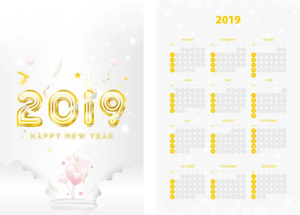 Двусторонний Календарь Новый 2019 Год Золотым Текстом Белом Фоне Творческий — стоковый вектор
