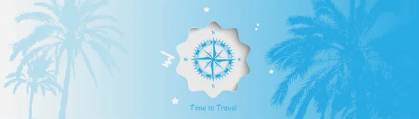Время путешествовать. Знамя с винтажным компасом и силуэтами тропических пальм на синем фоне для туризма . — стоковый вектор