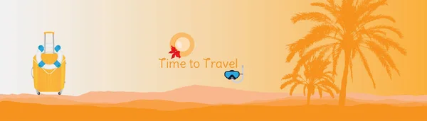 Время путешествовать. Баннер с силуэтами тропических пальм и пластиковым пакетом на оранжевом фоне для туризма . — стоковый вектор