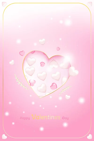 バレンタイン グリーティング カード テンプレート ピンクのハートとリボンの背景に光の効果でお祝いコンセプト — ストックベクタ
