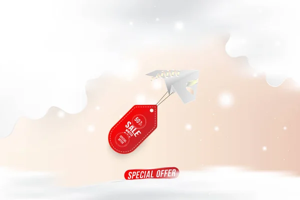 Vinterrea 50 Specialerbjudande. Vitt pappersflygplan som flyger med snö och moln och röda etiketten med rabatt. Flat vektorillustration Eps10. — Stock vektor