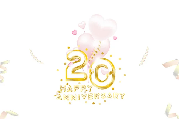 20th Anniversary gold inscription with original numbers and fonts for celebration and anniversary event party. Banner with gold confetti, ribbons and pink hearts. — Stock Vector