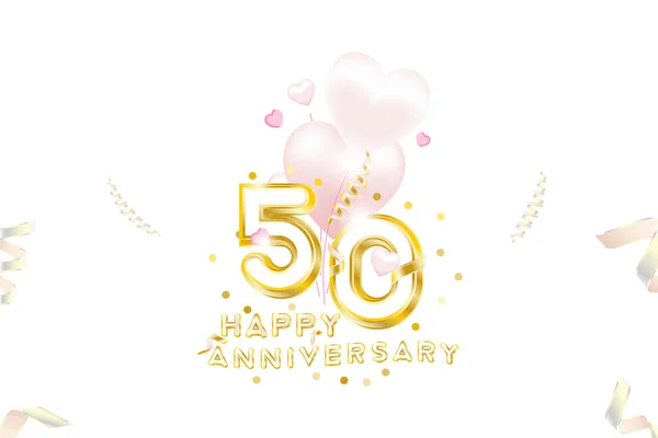 Inscripción de oro del 50º Aniversario con números originales y fuentes para la celebración y la fiesta del aniversario. Banner con confeti dorado, cintas y corazones rosas . — Archivo Imágenes Vectoriales