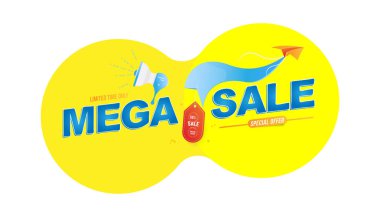 Mega Satılık 50 banner şablon tasarımı. Özel kampanya ile hoparlör ve kağıt uçak. Düz vektör çizim Eps 10