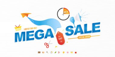 Mega Satılık 50 banner şablon tasarımı ışık efektleri ve dükkanı için simgeler. Özel kampanya ile hoparlör ve kağıt uçak. Vektör çizim