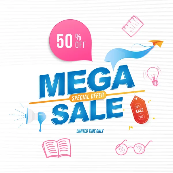 Mega Sale Design Modelo Banner Com Ícones Doodle Alto Falante — Vetor de Stock