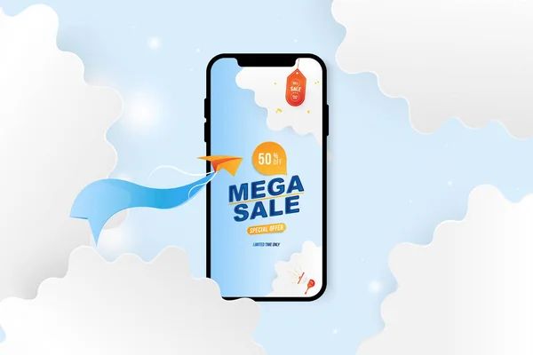 Banier Mega Sale in Mockup Smartphone. Speciale aanbieding 50 met vliegtuig op de achtergrond van wolken gesneden uit papier. — Stockvector