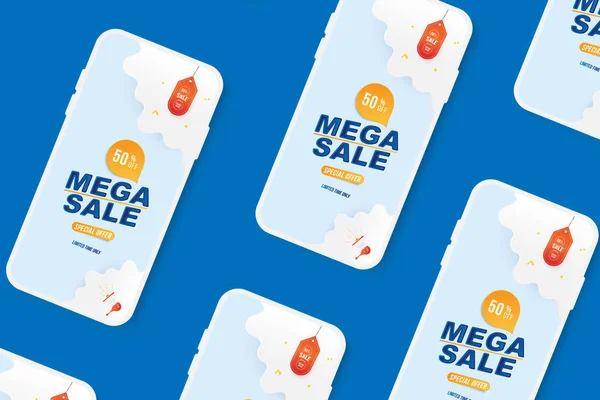 Banner Mega-Verkauf in Attrappen-Smartphones. Sonderangebot 50 mit Flugzeug auf Wolkenhintergrund aus Papier ausgeschnitten. — Stockvektor