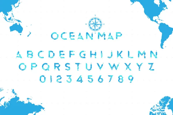 Original Sea Font en forma de Mapa del Mundo con una brújula retro en el fondo. Letras y números latinos para turismo y viajes . — Archivo Imágenes Vectoriales