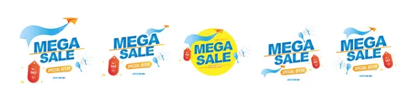 Mega Sale 50 off. Set von Emblemen Vorlage Design. Lautsprecher und Papierflugzeug mit Sonderangebot. flache Vektorabbildung eps10 — Stockvektor